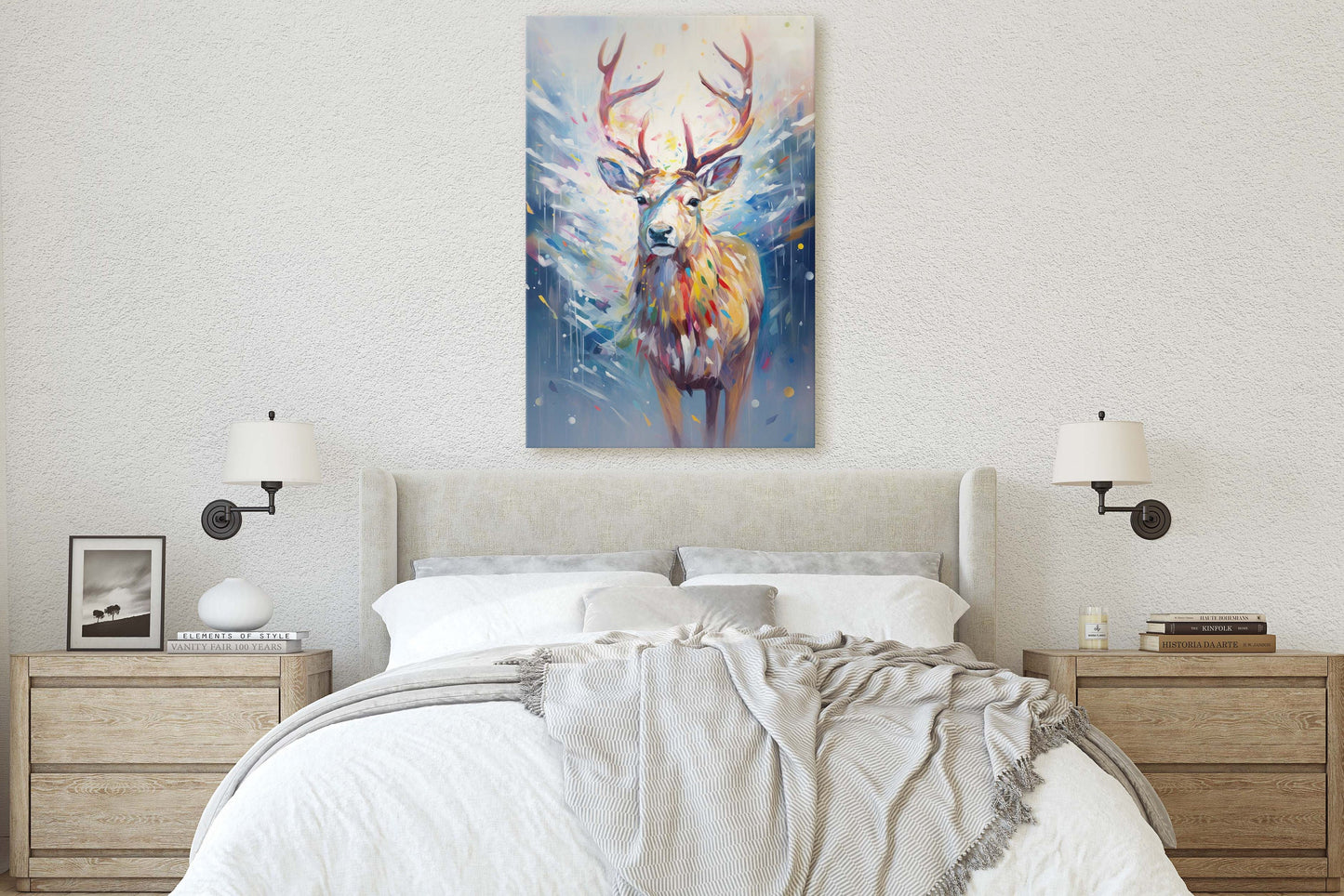 Reindeer Painting, Colorful Reindeer, Winter Art, Festive Decor, Xmas Print, Framed Canvas, Reindeer Print, Christmas Print