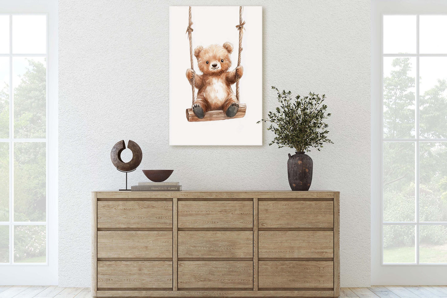 Cute Bear Swinging, Bear Art, Childrens Decor, Kids Art, Girls Room, Boys Room