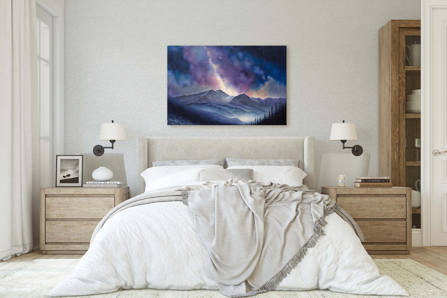 Night Sky Over Mountain Range Painting Stretched Canvas Art