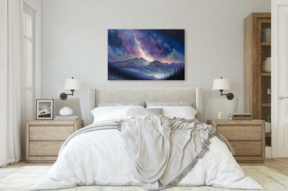 Night Sky Over Mountain Range Painting Stretched Canvas Art
