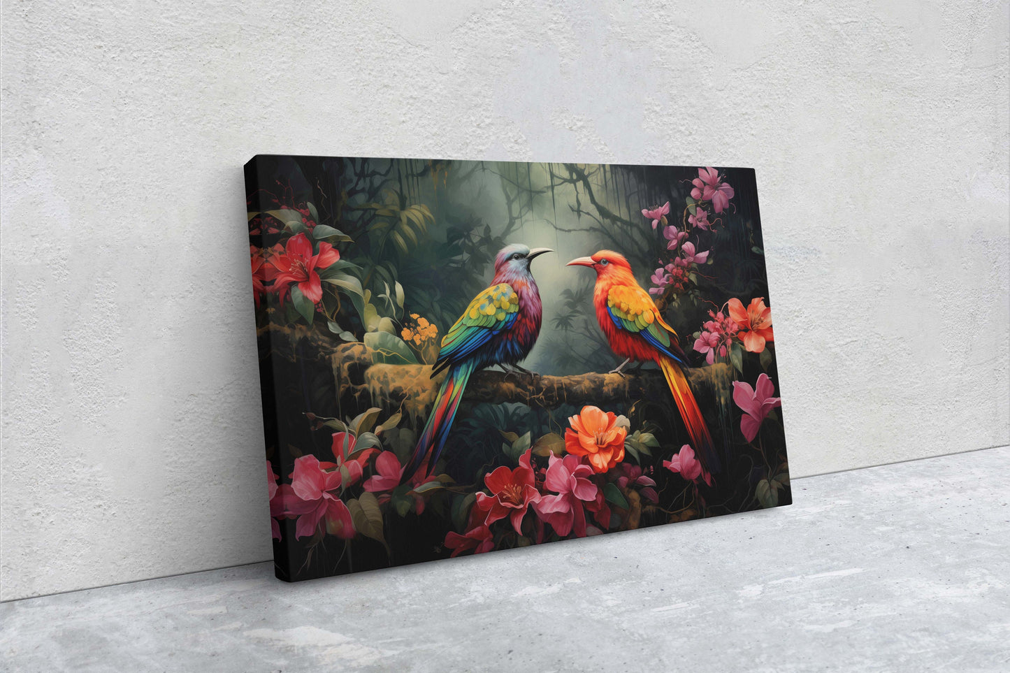 Jungle Bird Painting, Jungle Art, Green Jungle, Framed Canvas, Large Print, Beautiful Bird, Flower Jungle, Tropical Forest, Rainforest Art