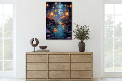 Enchanted Stream, Lamps Night Art, Lantern Forest, Vertical Canvas, Fantasy Decor, Office Art, River Art, Lily Stream, Floating Flower