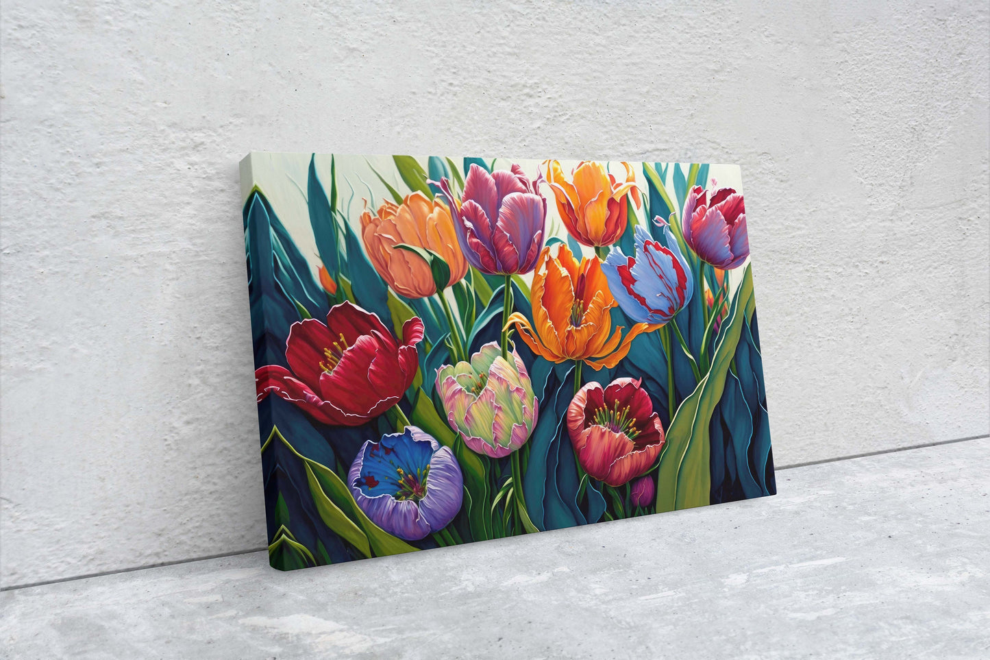 Tulip Field Fine Art Canvas Art Ready To Hang Large Print, Oil Painting, Colorful flower