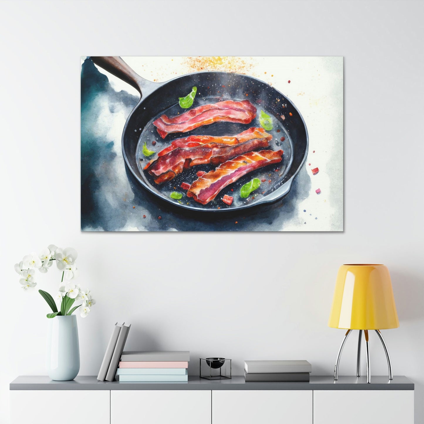 Watercolor Bacon Breakfast Canvas Art Ready To Hang Large Print, Oil Painting, Colorful, Water Color