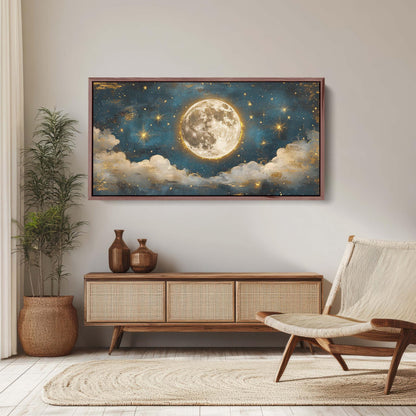 Cloudy Moon Sky, Moon Painting, Moon and Stars, Full Moon