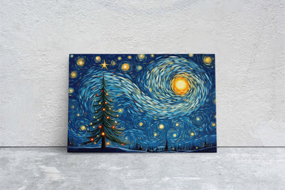 Starry Night Christmas, Christmas Tree, Pine Tree, Winter Decor, Festive Art, X-mas Print, Framed Canvas