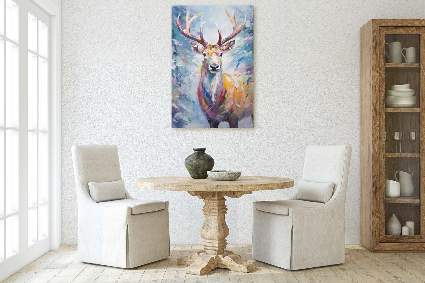 Reindeer Painting, Colorful Reindeer, Winter Art, Festive Decor, Xmas Print, Framed Canvas, Reindeer Print