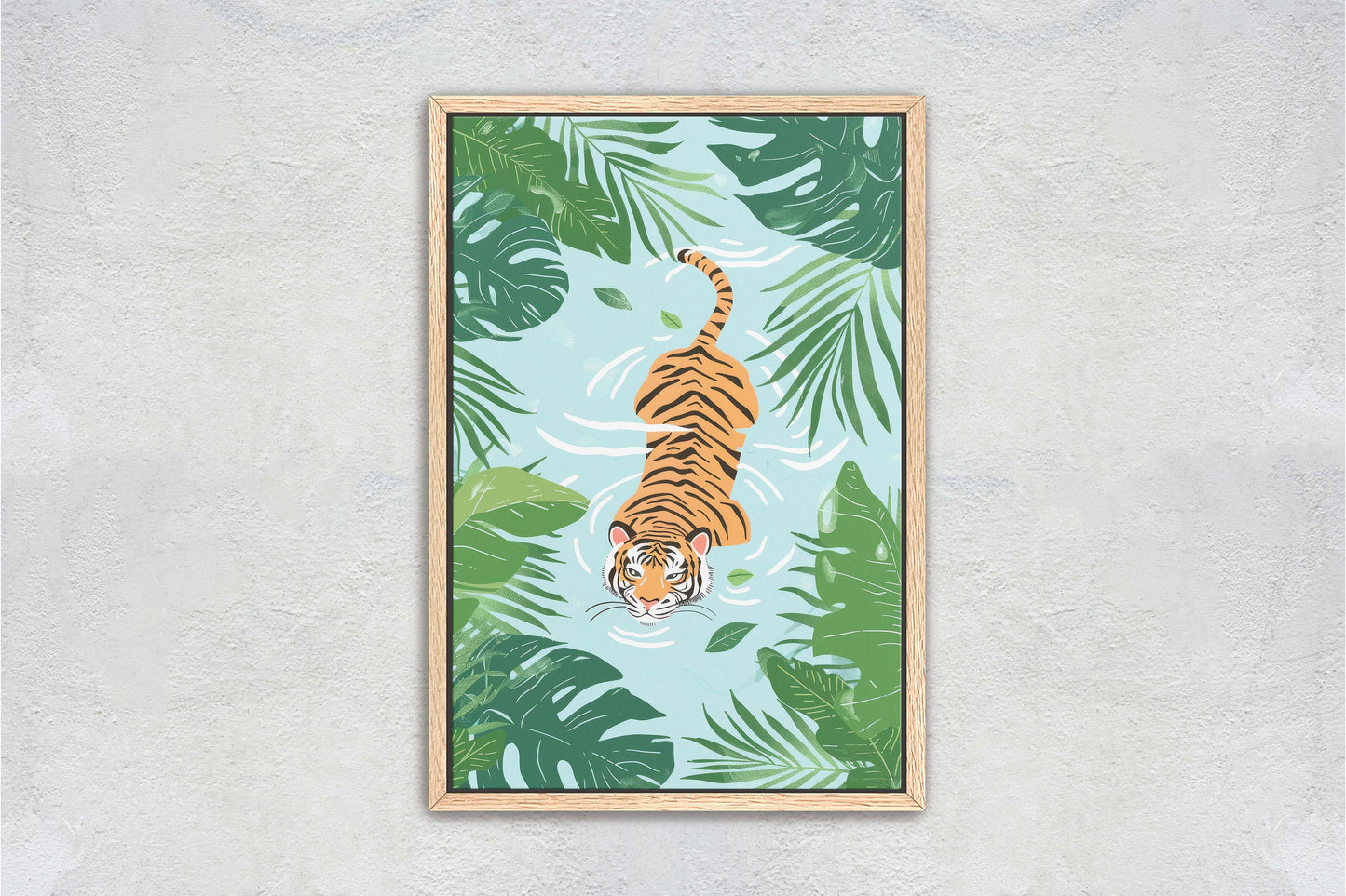 Tiger Swimming, Tropical Wall Art, Framed Canvas, Big Cat Art, Jungle Decor, Rainforest Art