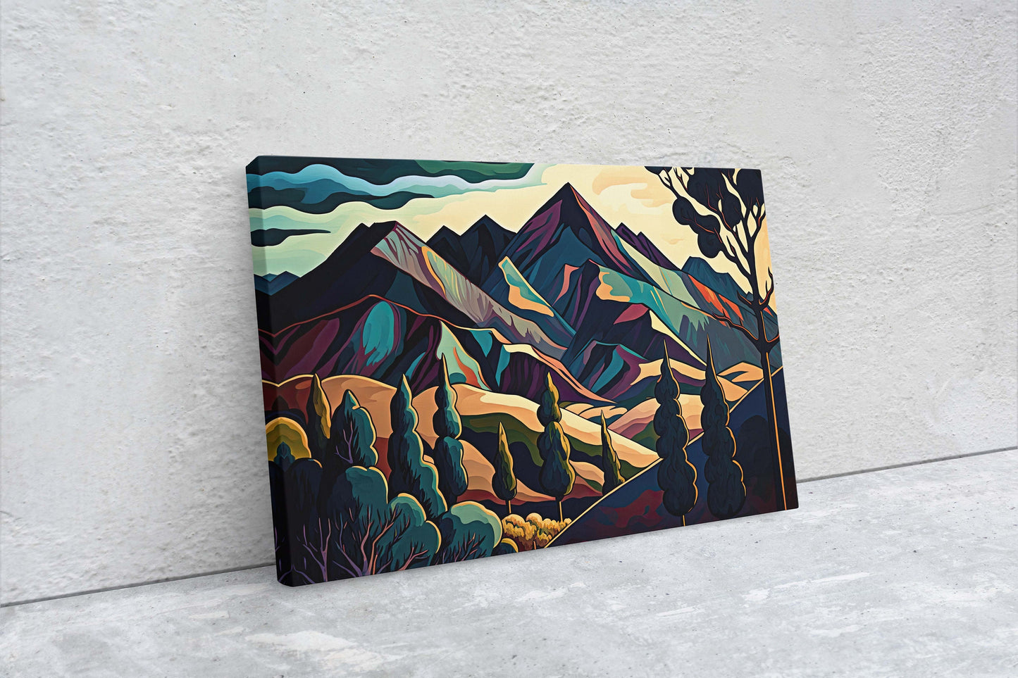 Surreal Mountain, Subdued Landscape, Simplistic Painting, Minimal Abstract, Modern, Art Deco, Geometric Shapes