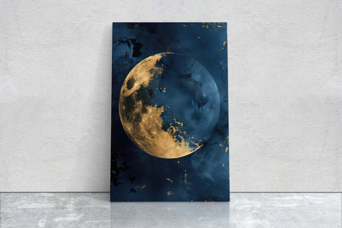 Gold Moon Indigo, Celestial Painting, Gold and Dark Blue, Minimalist Decor, Maximalist Art, Framed Canvas, Space Decor, Night Sky