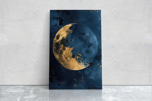 Gold Moon Indigo, Celestial Painting, Gold and Dark Blue, Minimalist Decor, Maximalist Art, Framed Canvas, Space Decor, Night Sky