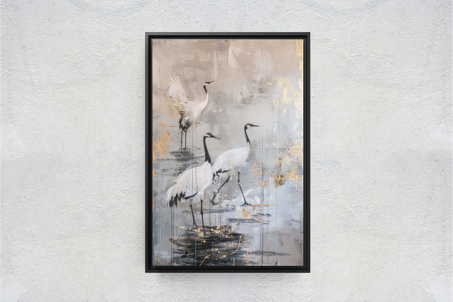 Japanese Cranes, Gold & Beige, Minimalist Art, Heron Decor, Framed Canvas, Japandi Print, Extra Large, Neutral Tones
