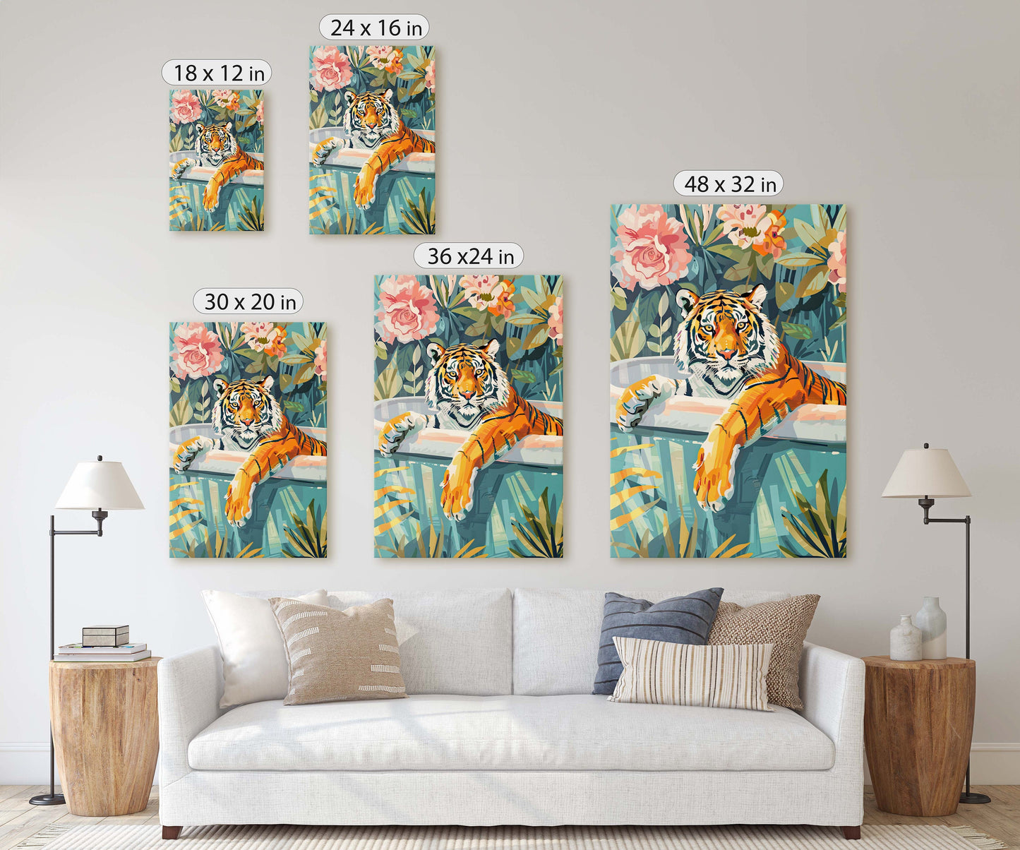 Tiger Bathtub, Maximalist Art, Dopamine Decor, Pink Kitsch, Bathroom Art, Framed Canvas, Large Art print, Dorm Decor