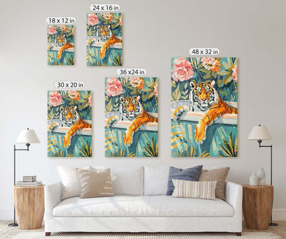 Tiger Bathtub, Maximalist Art, Dopamine Decor, Pink Kitsch, Bathroom Art, Framed Canvas, Large Art print, Dorm Decor