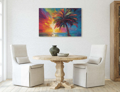 Modern Palm Tree on Canvas, Contemporary Art, Colorful Beach, Vivid Tree, Mid Century, Abstract Plant, Framed Canvas, Waterfront, Ocean
