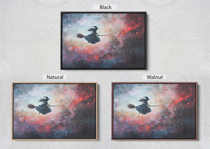 Flying Witch, Witch on Broomstick, Whimsical Decor, Full Moon, Halloween Art, Cloudy, Fall Art, Colorful