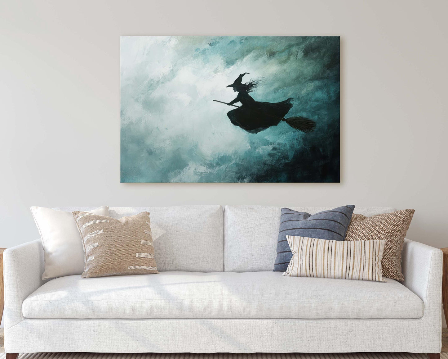 Flying Witch, Witch on Broomstick, Whimsical Decor, Full Moon, Halloween Art, Cloudy, Fall Art