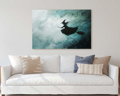 Flying Witch, Witch on Broomstick, Whimsical Decor, Full Moon, Halloween Art, Cloudy, Fall Art