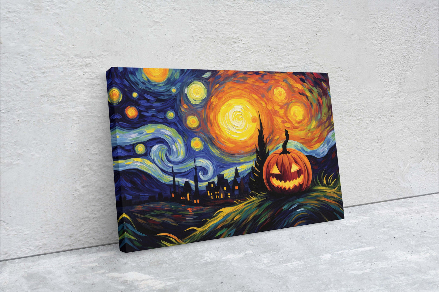 Starry Night Pumpkin on Canvas, Jack-O-Lantern, Spooky Art, Framed Canvas, Kid Friendly, Fun Halloween Decor
