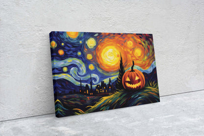 Starry Night Pumpkin on Canvas, Jack-O-Lantern, Spooky Art, Framed Canvas, Kid Friendly, Fun Halloween Decor