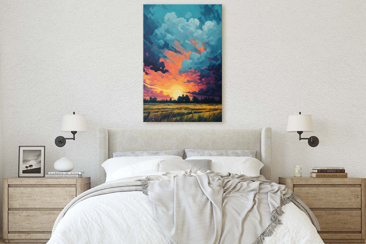 Sunset Field, Vibrant Color, Soothing Art, Peaceful Decor, Painting, Broad Brush stroke, Vivid Art, Large Print, Ready to Hang
