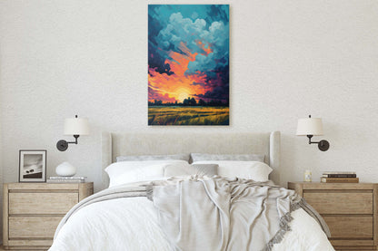 Sunset Field, Vibrant Color, Soothing Art, Peaceful Decor, Painting, Broad Brush stroke, Vivid Art, Large Print, Ready to Hang