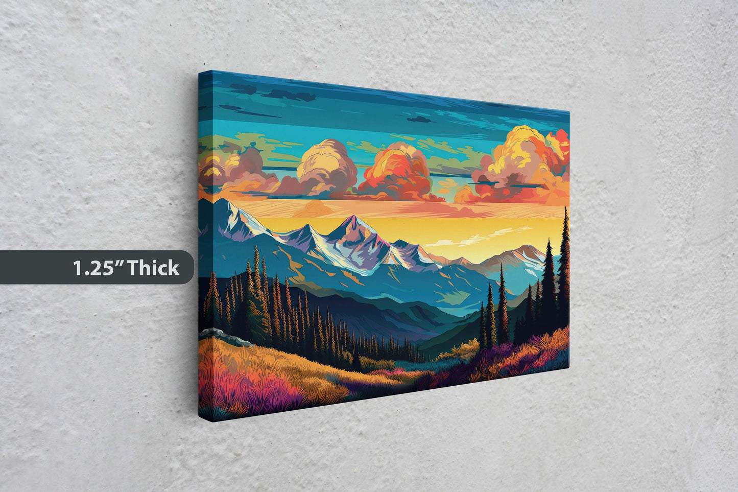 Cloud Mountains on Canvas, Flat Illustration, Sunset Colors, Sunrise Scene, Mountain Range, National Park, Abstract Art, Drawing, Framed