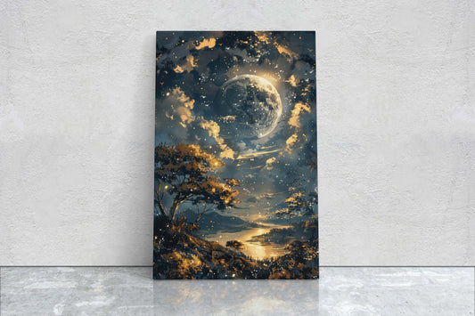 Full Moon, Celestial Painting, Night Sky, Golden Glow, Majestic Landscape, Framed Canvas, Large Art Print