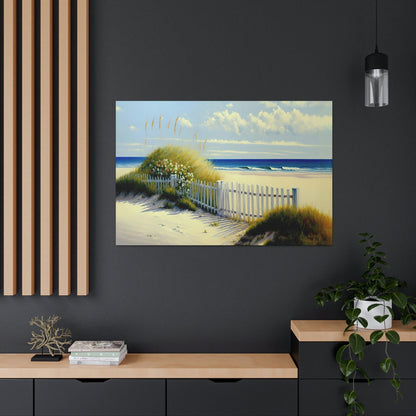 Beach White Picket Fence Canvas Art Ready To Hang Large Print, Oil Painting, Landscape