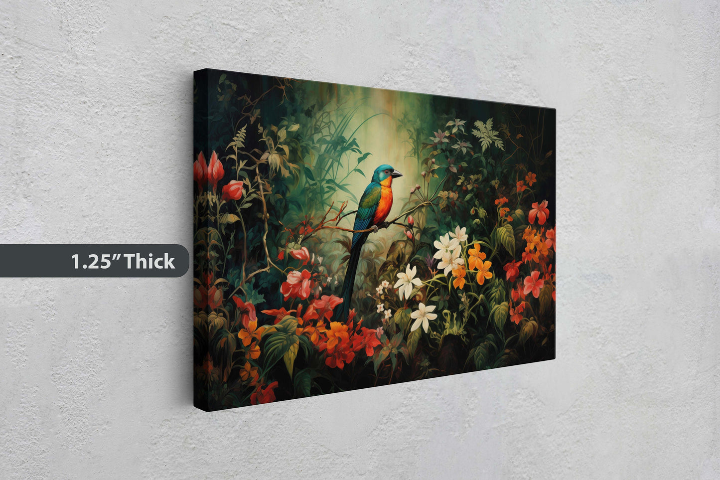 Jungle Bird Painting, Jungle Art, Green Jungle, Framed Canvas, Large Print, Beautiful Bird, Flower Jungle, Tropical Forest, Rainforest Art