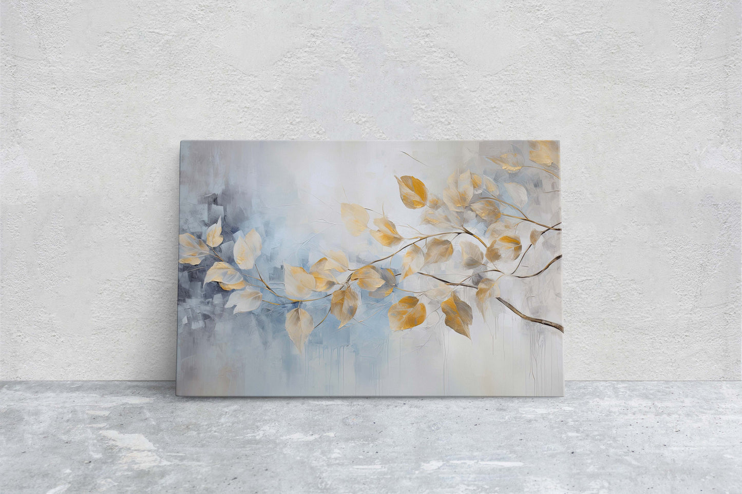 Golden Leaves Rain, Floral Art Painting, Contemporary Canvas,  Large Print, Framed Canvas, Neutral Color, Gray and Gold, Blue Tones
