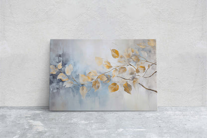 Golden Leaves Rain, Floral Art Painting, Contemporary Canvas,  Large Print, Framed Canvas, Neutral Color, Gray and Gold, Blue Tones