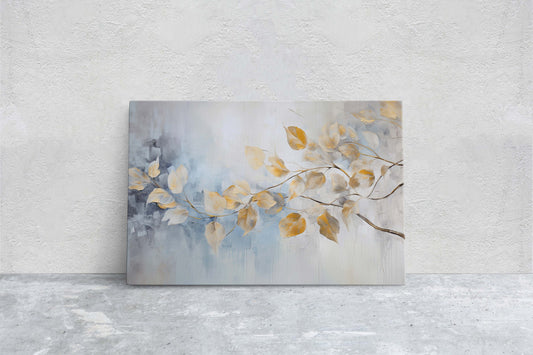 Golden Leaves Rain, Floral Art Painting, Contemporary Canvas,  Large Print, Framed Canvas, Neutral Color, Gray and Gold, Blue Tones