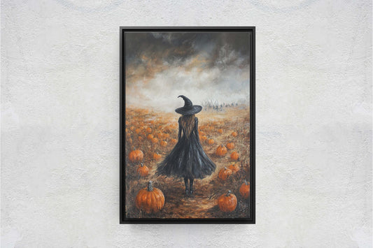 Witch Pumpkin Patch, Black Witch, Pumpkin Field, Halloween Decor, Gothic Art, Artistic, Lone Witch