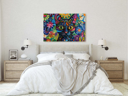 Whimsical Cat Art, Geometric Colorful, Abstract Cat, Pop Art, Large Art Print, Framed Canvas, Black Cat, Cat Lover, Animal Art