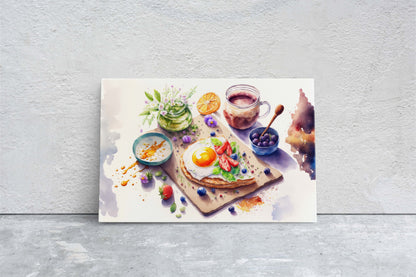 Watercolor Breakfast Canvas Art Ready To Hang Large Print, Oil Painting, Colorful, Eggs, Water Color, kitchen
