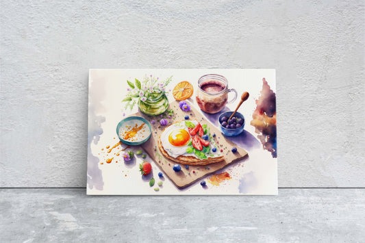 Watercolor Breakfast Canvas Art Ready To Hang Large Print, Oil Painting, Colorful, Eggs, Water Color, kitchen