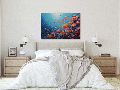 Fish School Painting, Canvas Wall Art, Abstract Blue Sea Painting, Boho Wall Décor, Custom Painting, Home Decor,Large Original,Framed Canvas