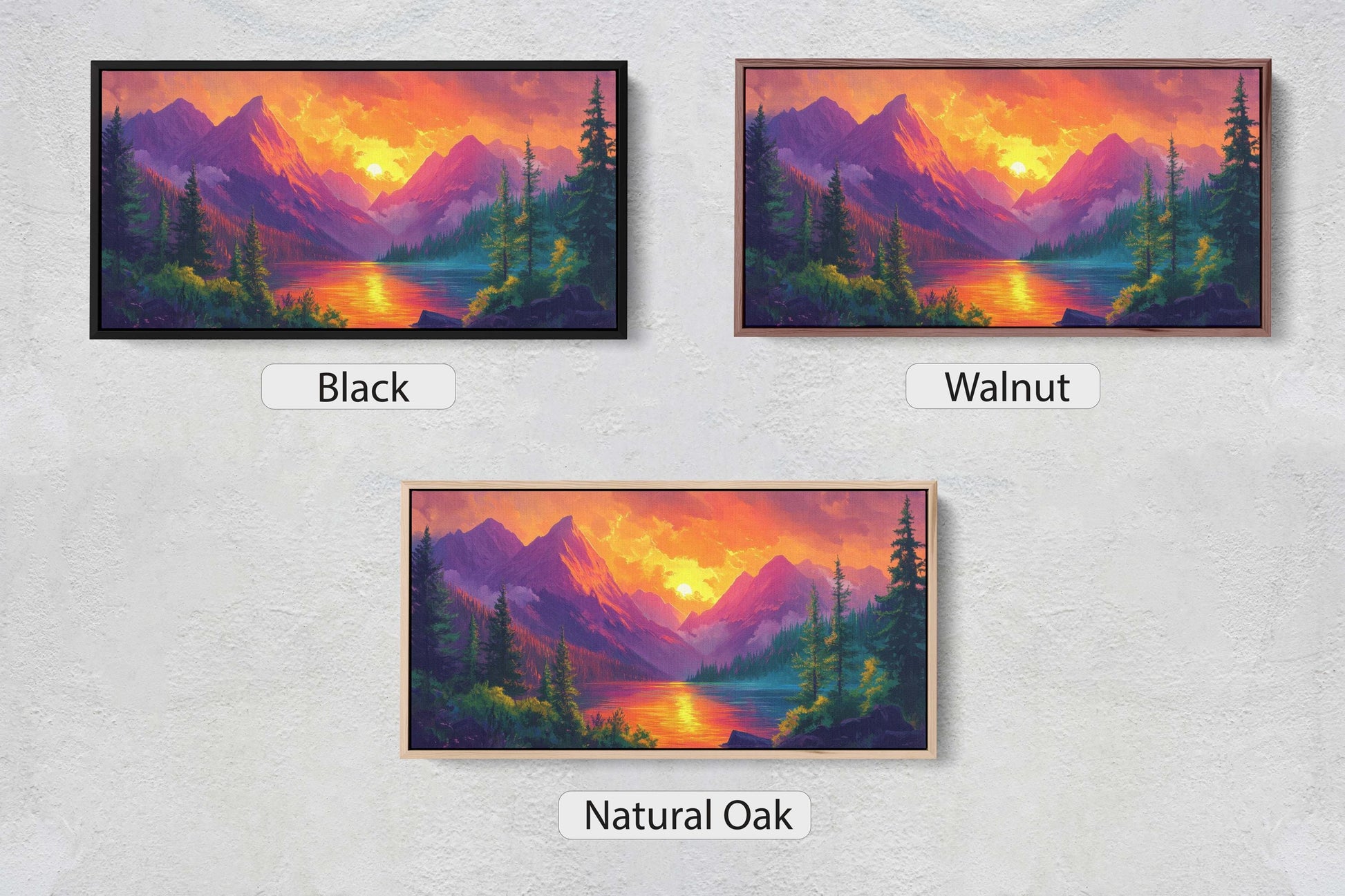 three paintings of mountains and trees with the words black, walnut, walnut, and