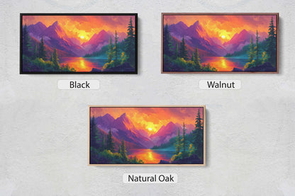 three paintings of mountains and trees with the words black, walnut, walnut, and