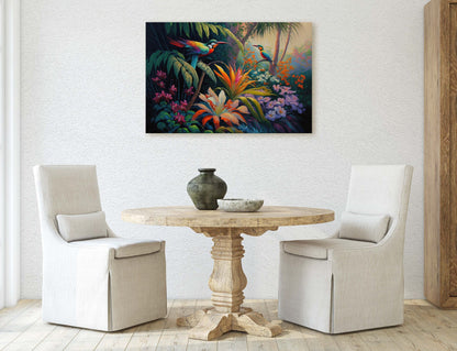 Jungle Birds of Passion Flowers Art Ready To Hang Large Print, Oil Painting, Landscape, Natural Beauty, Colorful