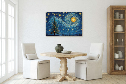 Starry Night Christmas, Christmas Tree, Pine Tree, Winter Decor, Festive Art, X-mas Print, Framed Canvas