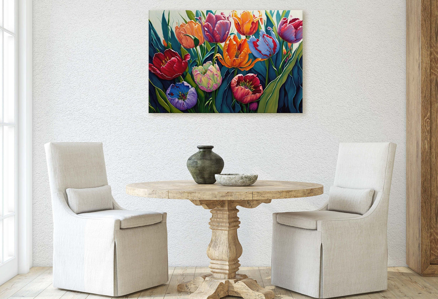 Tulip Field Fine Art Canvas Art Ready To Hang Large Print, Oil Painting, Colorful flower