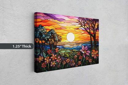 Stained Glass Painting, Faux Stained Glass, Sunset Flowers, Sunrise Field, Mountain Landscape, Framed Canvas, Vivid Colorful