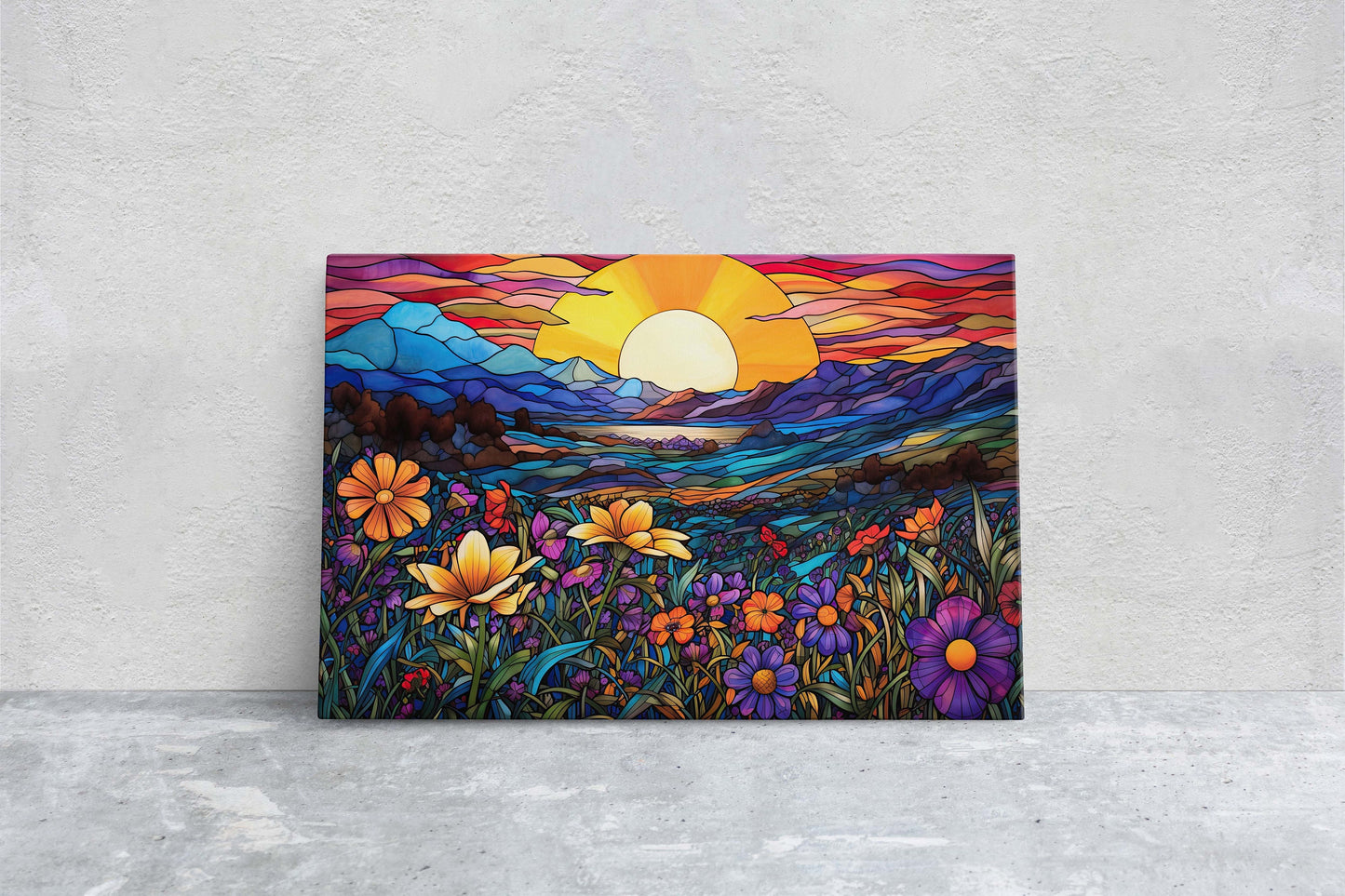 Stained Glass Painting, Blue Mountains, Faux Stained Glass, Sunset Flowers, Sunrise Field, Mountain Landscape, Framed Canvas, Vivid Colorful