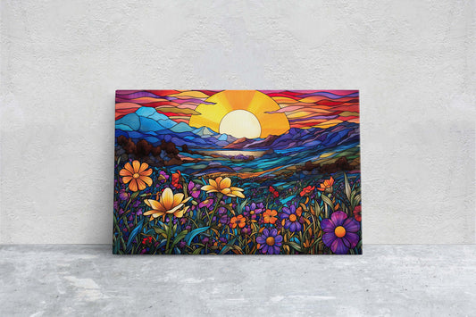 Stained Glass Painting, Blue Mountains, Faux Stained Glass, Sunset Flowers, Sunrise Field, Mountain Landscape, Framed Canvas, Vivid Colorful
