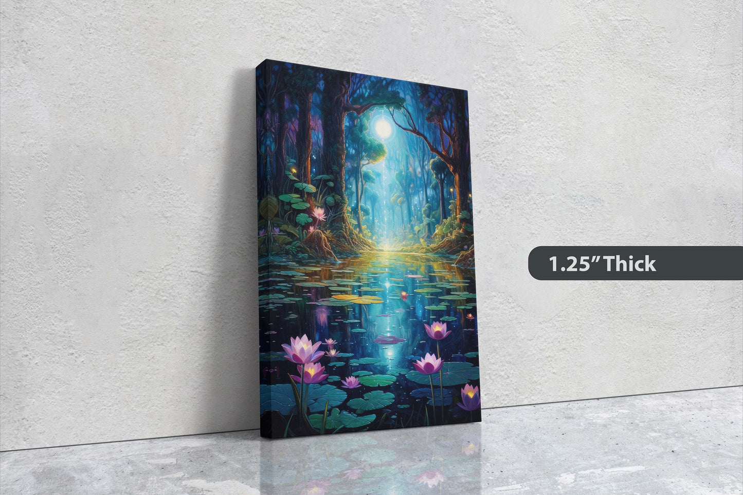 Enchanted Pond, Lamps Night Art, Lantern Forest, Vertical Canvas, Fantasy Decor, Office Art, River Art, Lily Pond, Floating Flower