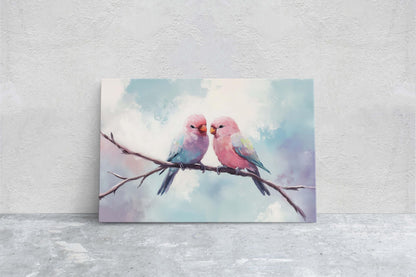 Love Birds, Love At First Sight, Bird Art Print, Pastel Colors, Blue Pink Purple