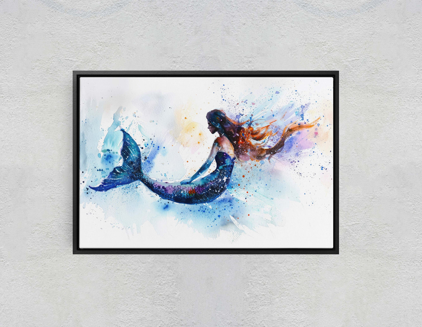 Watercolor Mermaid, Fantasy Creature, Ocean Art, White and Blue, Bathroom Decor, Framed Canvas, Large Art Print, Mystical, Impressionism