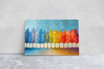 Pastel Trees, Seasons Painting, Rainbow Tree, Spring Summer, Fall Winter, Blue Tones, Colorful Vivid, Framed Canvas, Large Art Print